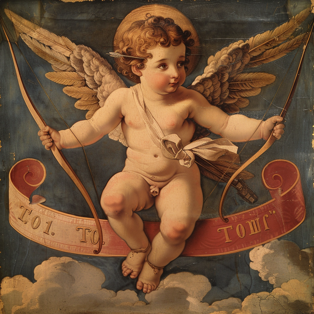 Cupid holding arrows and banner