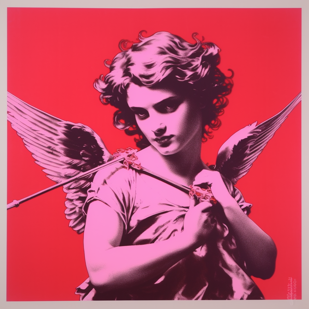 Colorful screen print of an adult male Cupid