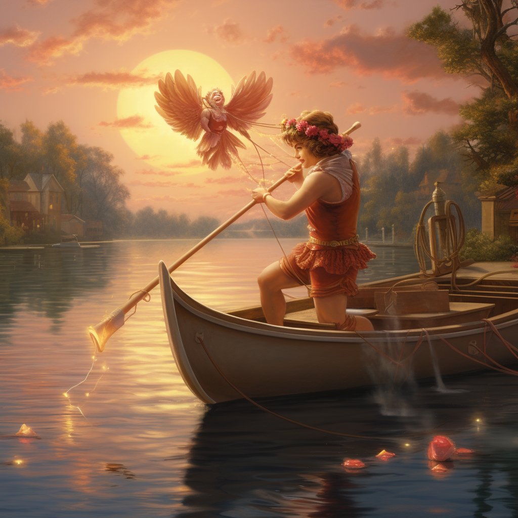 Realistic Cupid Fireman Shooting Love Arrow on Boat Lake