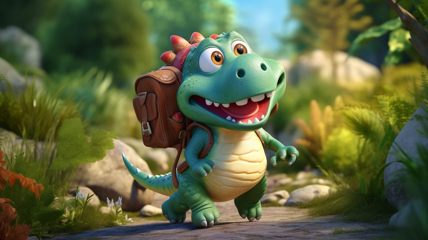 Small dinosaur carrying backpack explores the world