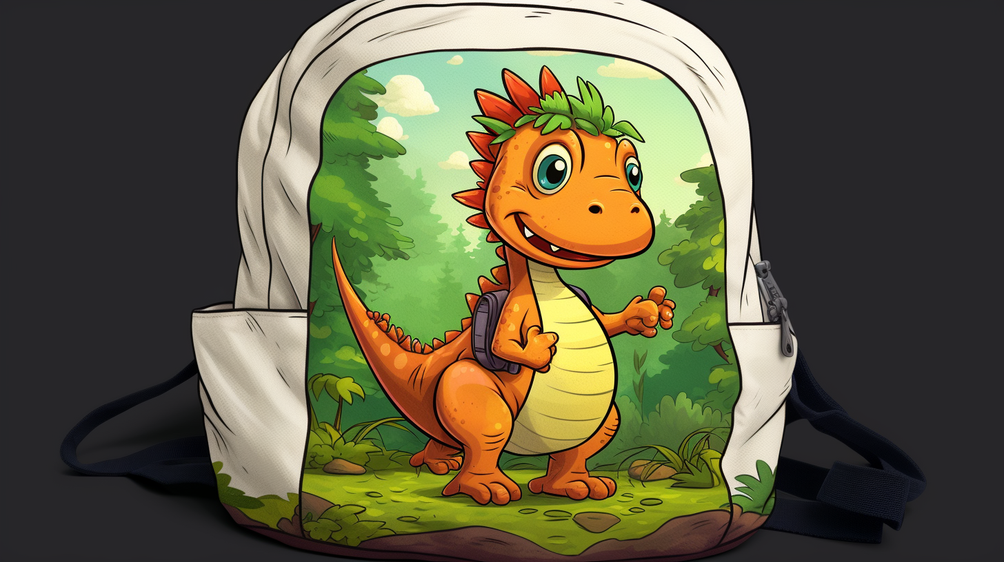 Small curious dinosaur with backpack in prehistoric forest