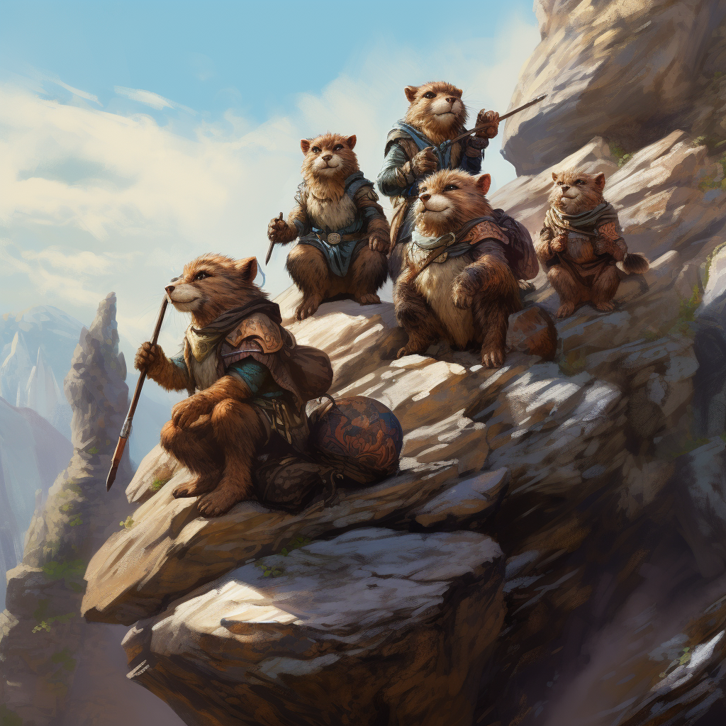 Group of friendly kobolds exploring rocky hillside