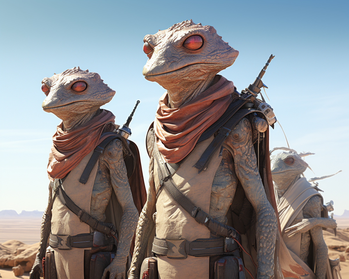 Three curious lizard alien nomads wandering towards a city