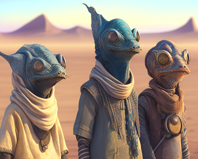 Three curious lizard nomads exploring the desert