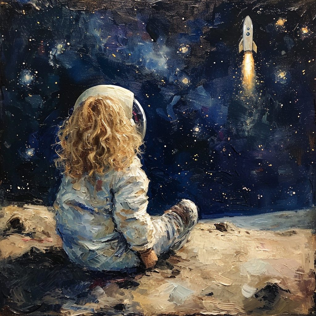 Little girl with astronaut helmet on moon