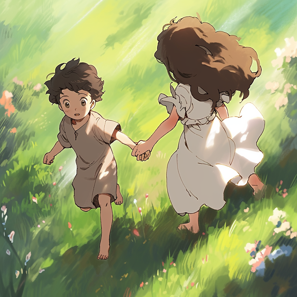 Young girl and boy enjoying a playful run