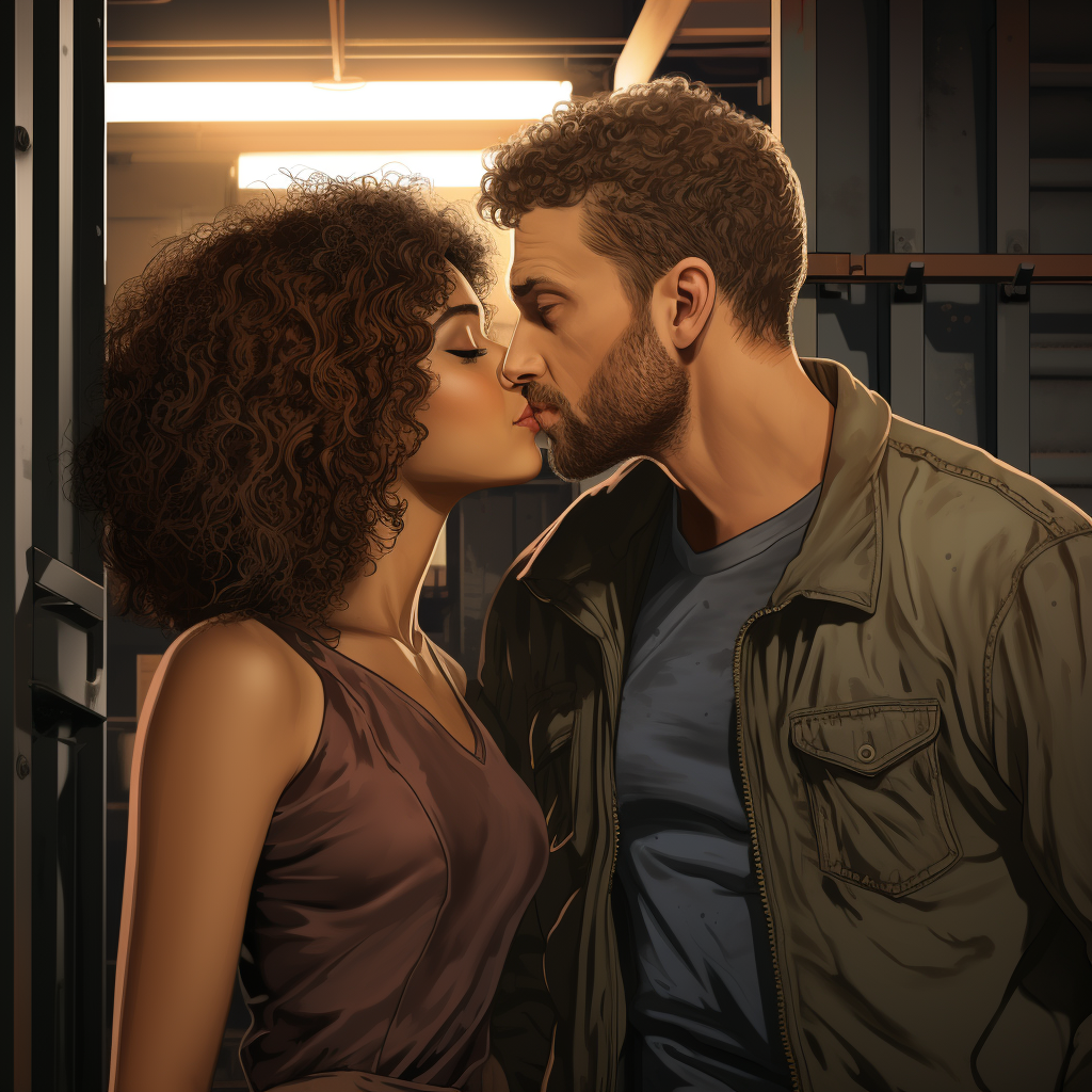 Romantic kiss between a curly-haired girl and a man