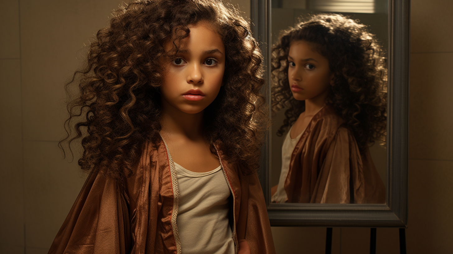 Curly-haired Latina girl putting on cape in mirror