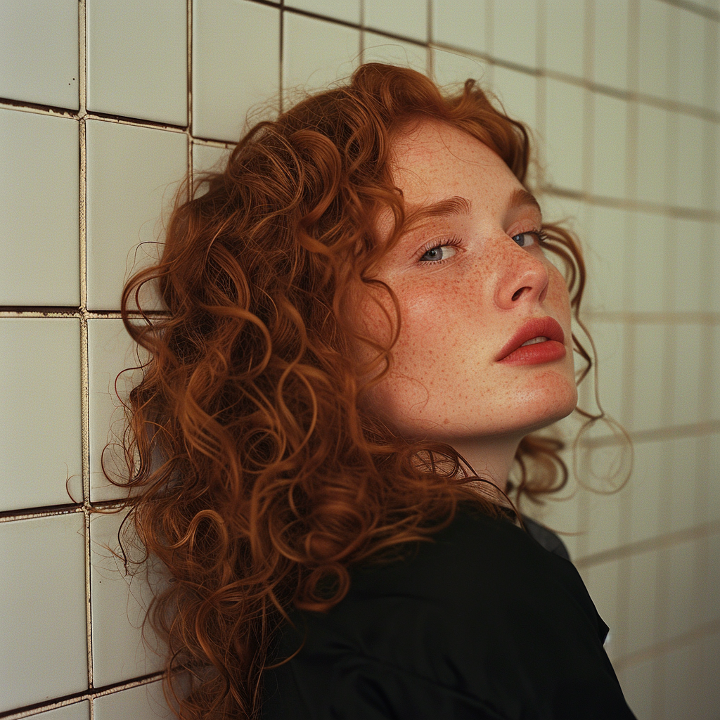 Curly red-head woman indoor portrait