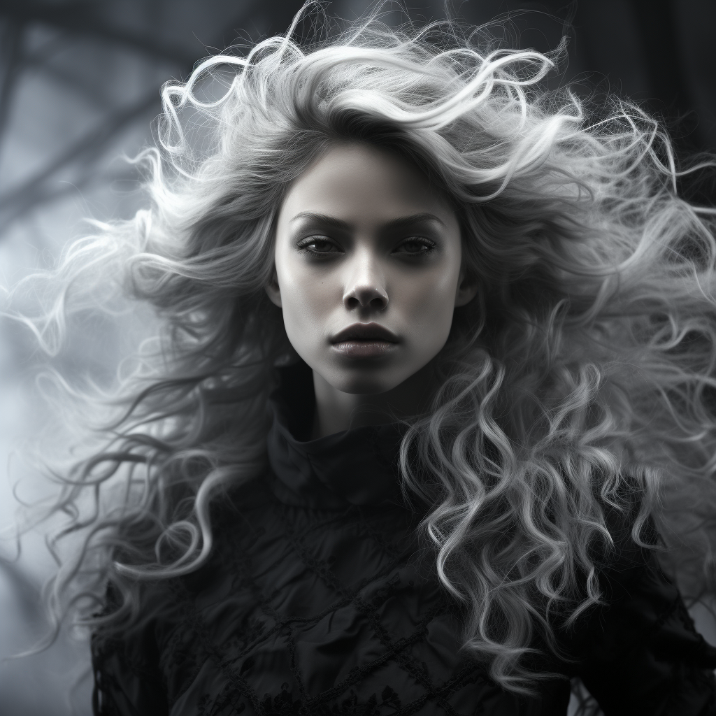 Woman with Long Curly White Hair in the Wind