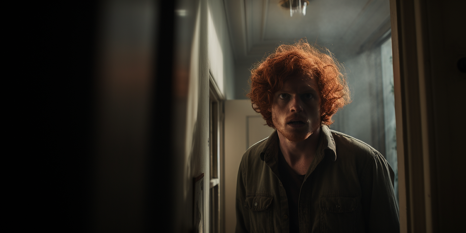 Man with Curly Ginger Hair in Hallway