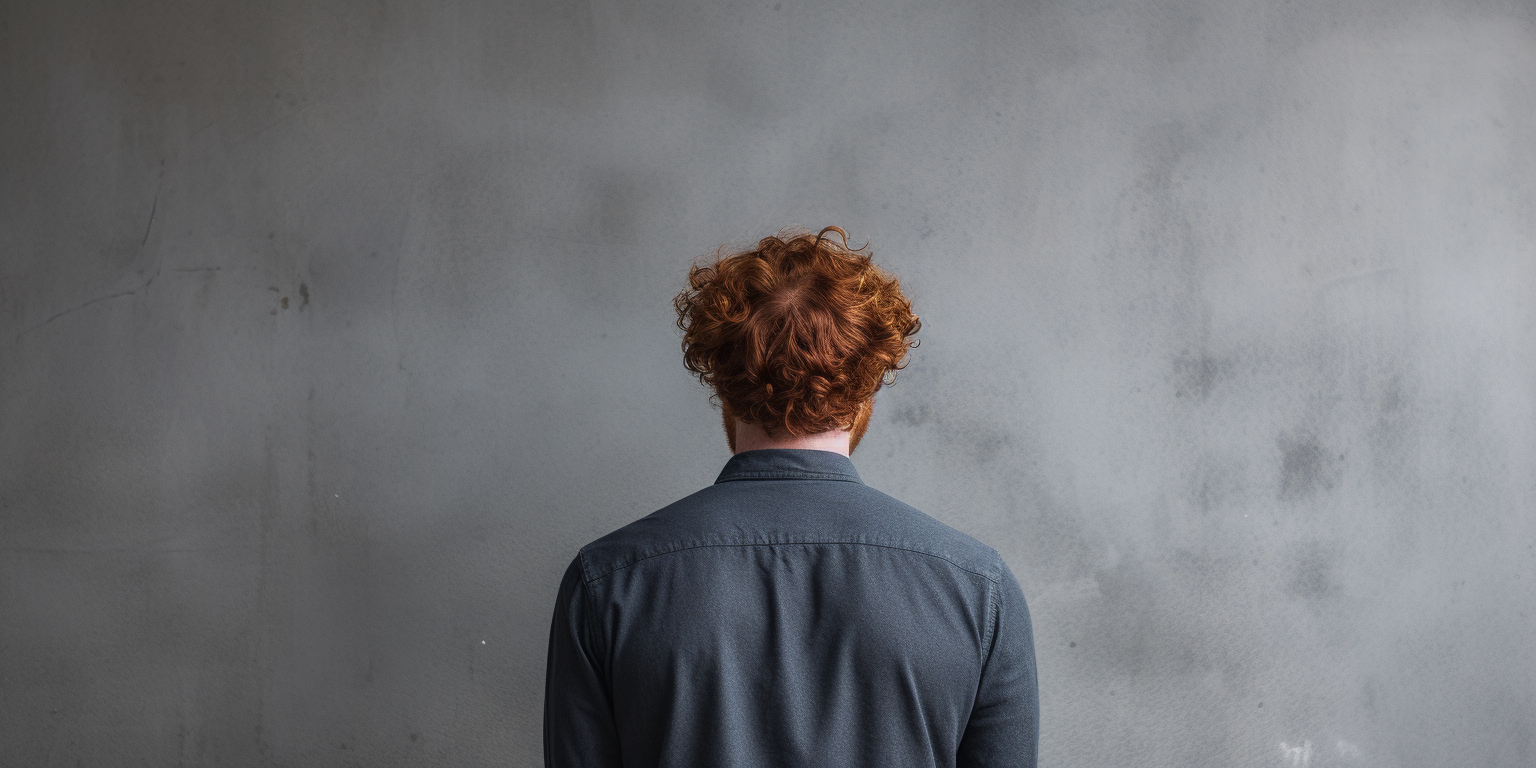 Sad curly-haired man against wall