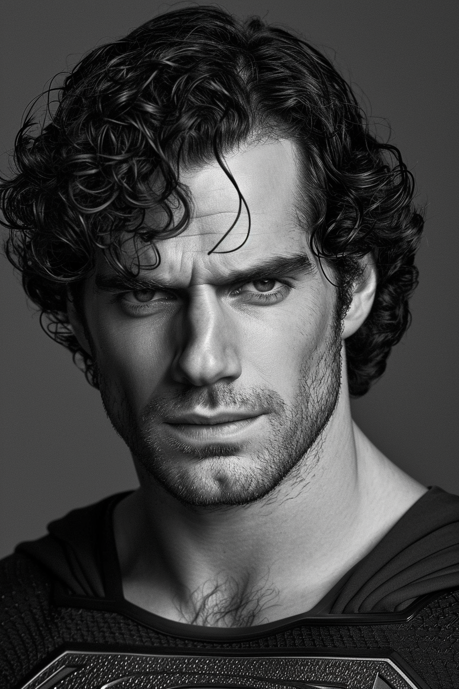 Henry Cavill with curly hair as Superman