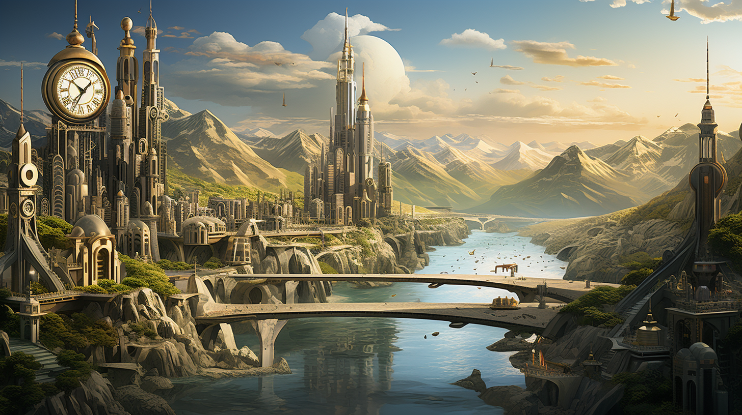 Surreal landscape with flowing currency river and futuristic city skyline