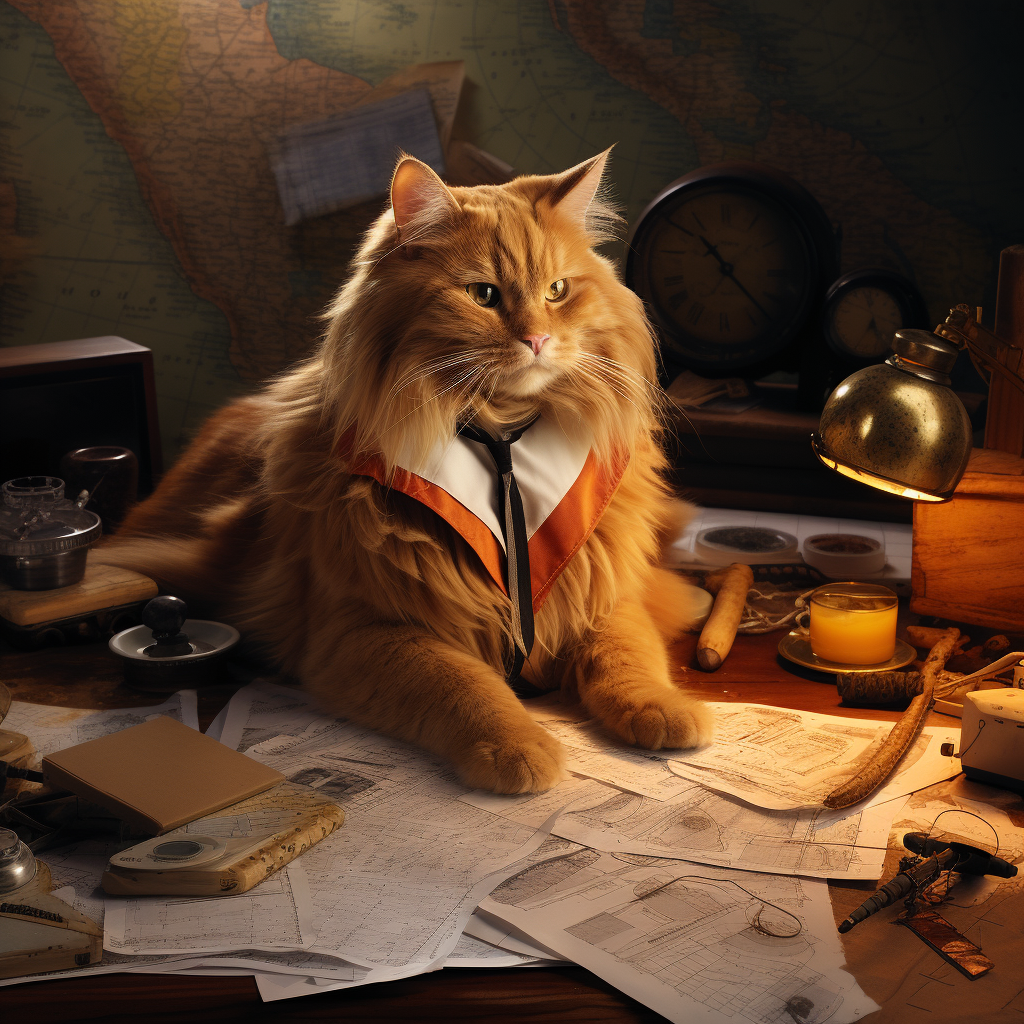 Large Orange Cat on Desk with Maps