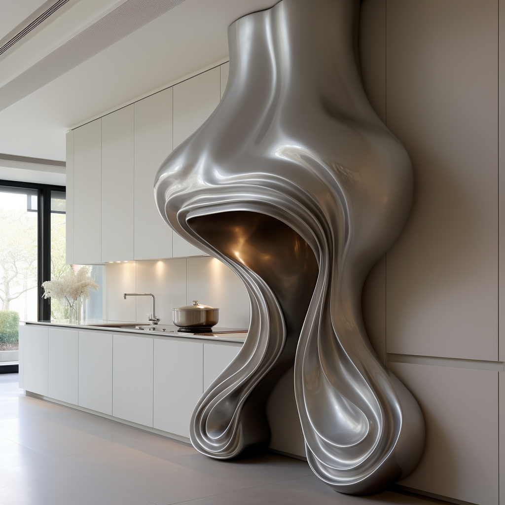 Curved sculptural stove vent hood in dull silver