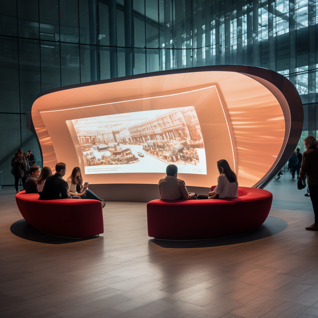 People sitting in front of large curved screen