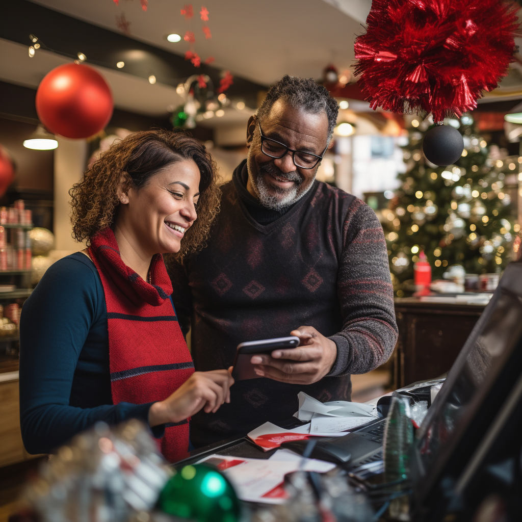 Small business owner and customer using credit card during Christmas