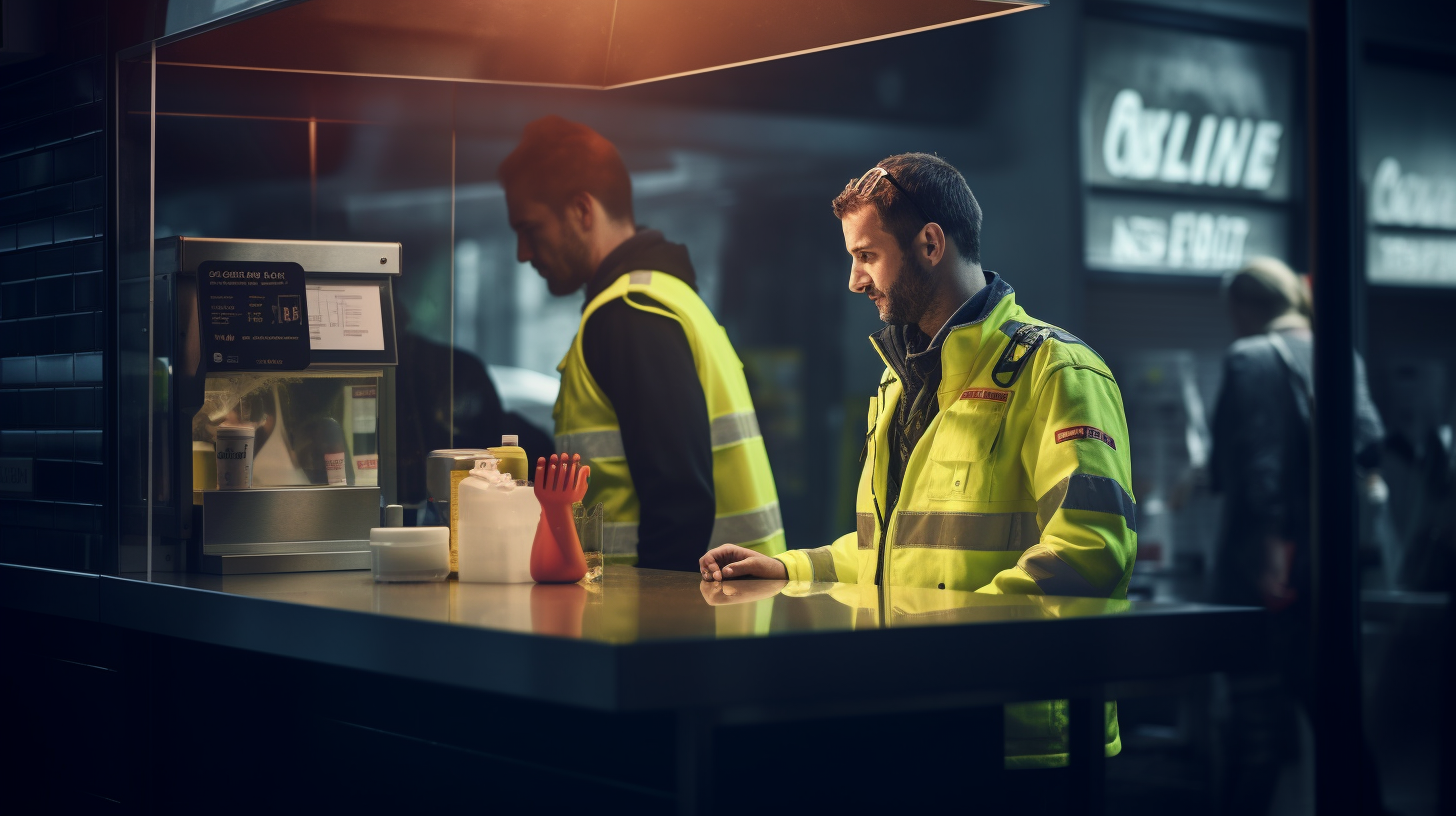 Customers wearing hi-vis in lunch kiosk