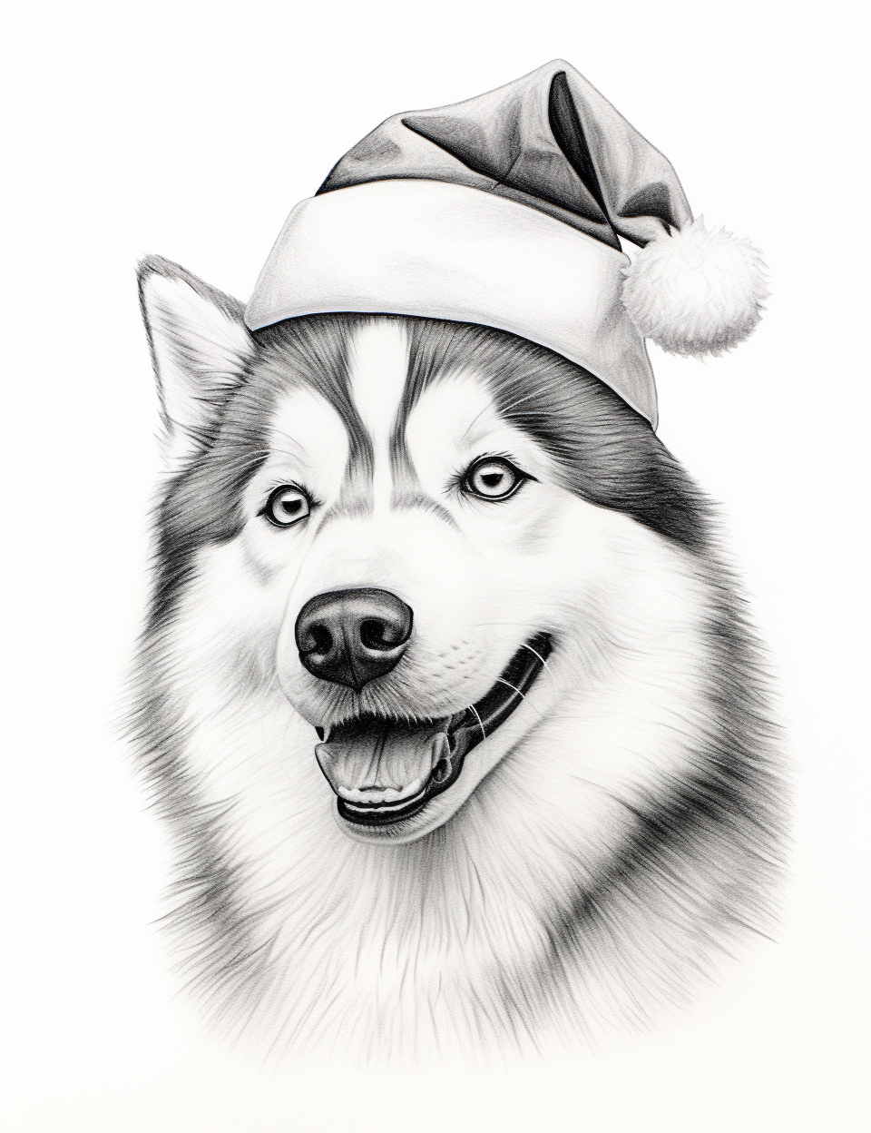 Sketch of cute Alaskan husky with Santa hat