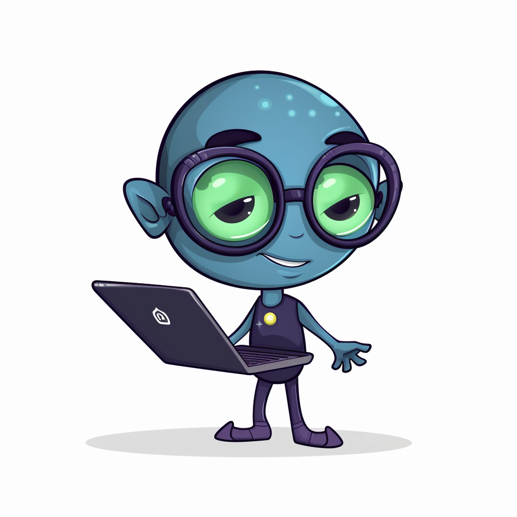 Cute alien developer with laptop waving hello