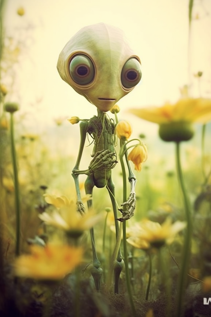 Adorable alien and flower double exposure