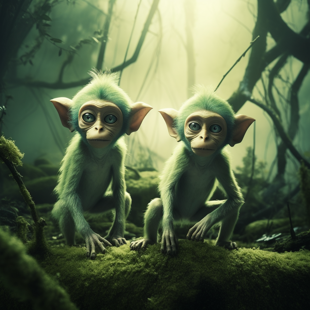 Cute alien monkeys in green forest