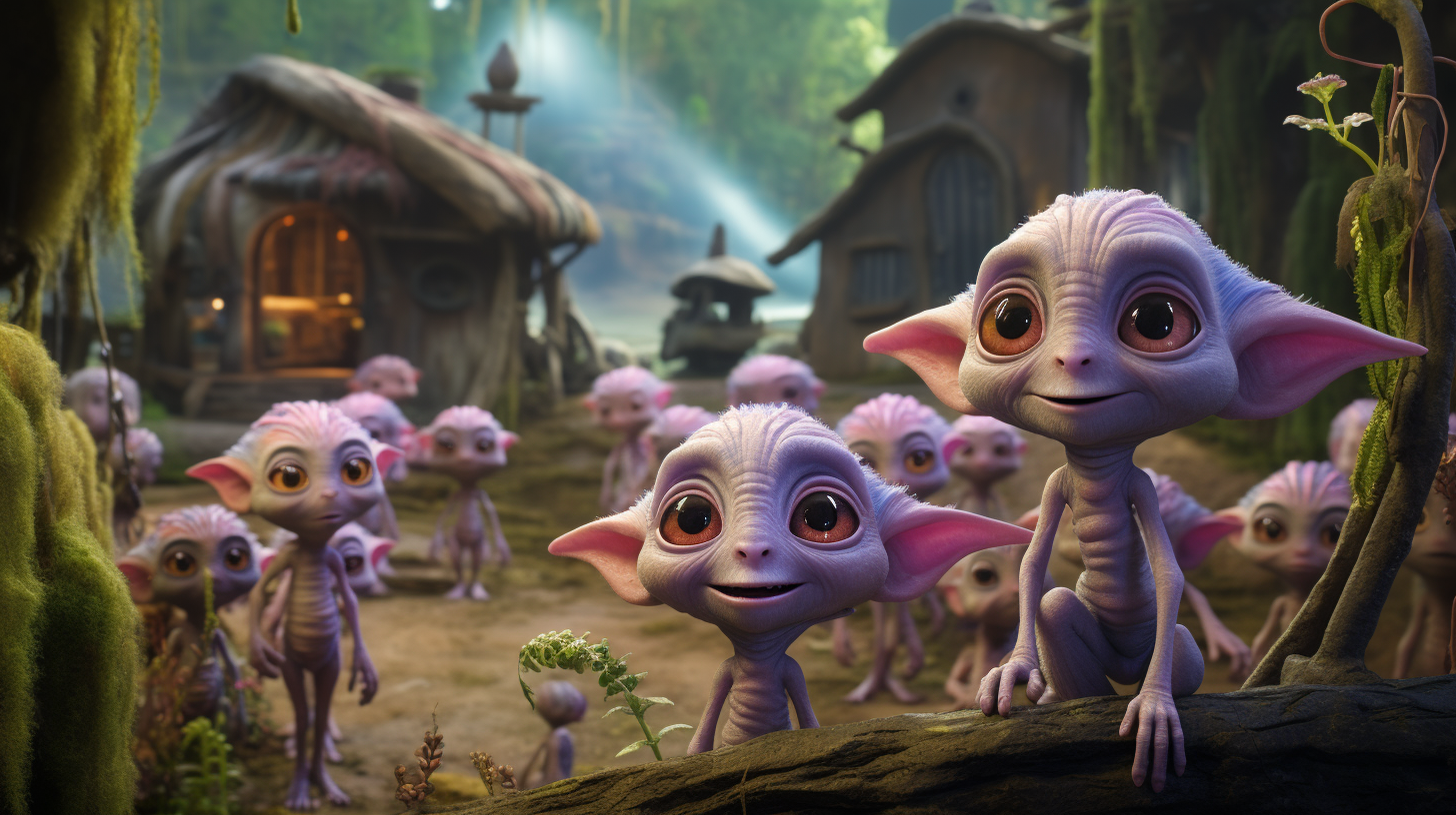 Close-up Picture of Cute Alien Villagers in Beautiful Landscape