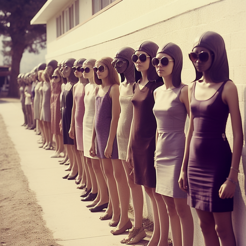 Cute alien girls waiting in line outside club