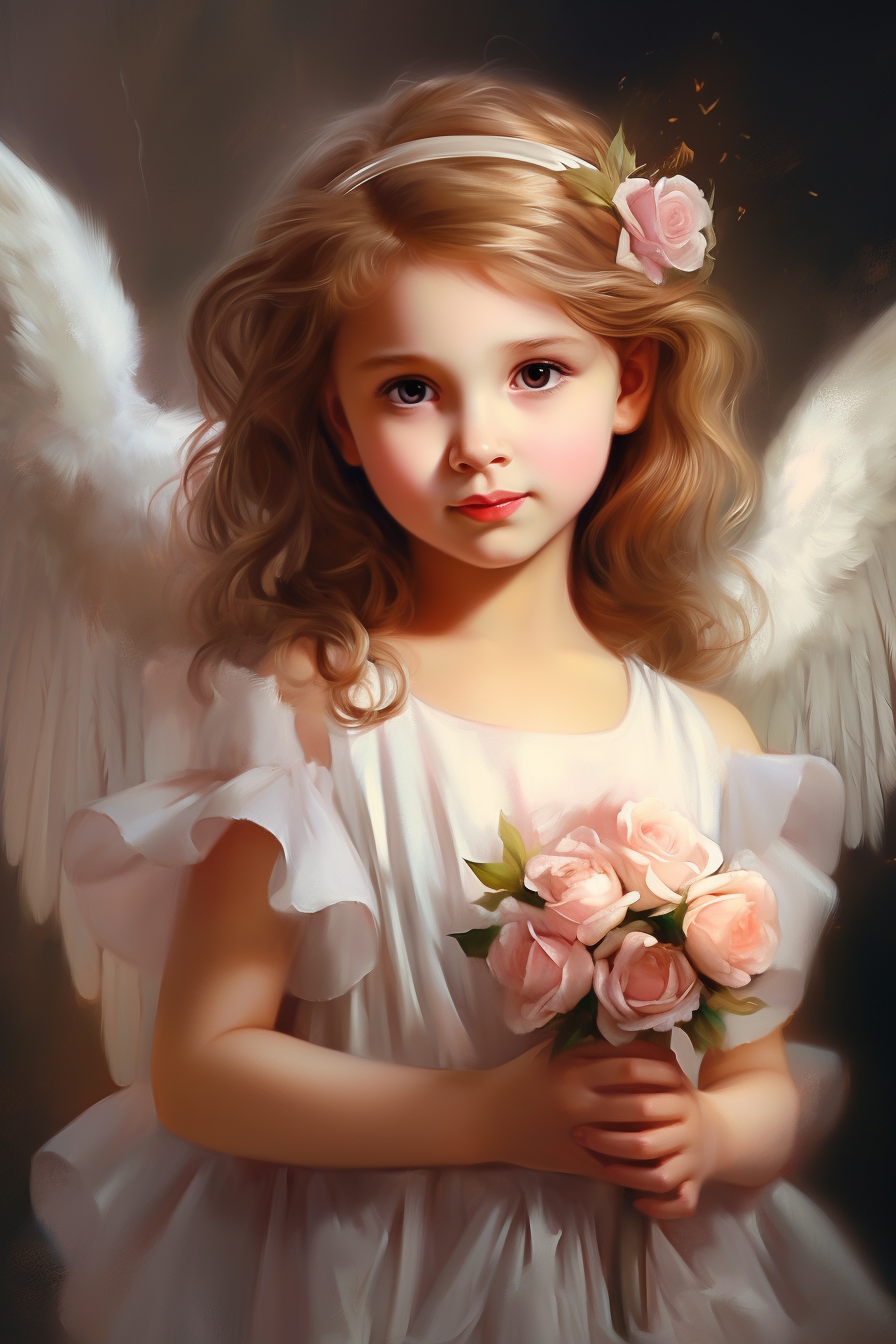 Adorable angel girl with wings and a rose