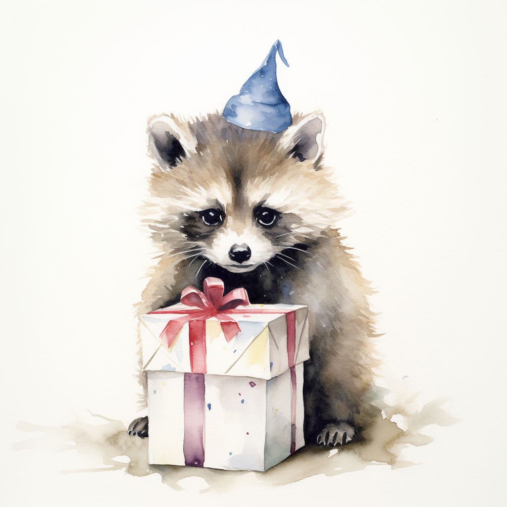 Cute animal holding present, wearing birthday hat