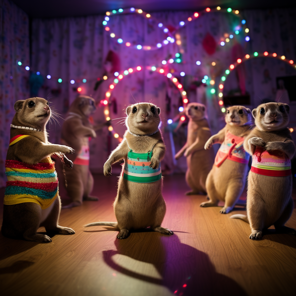 Multiple cute animals exercising with hula hoop