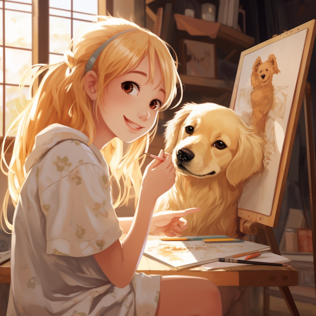 Cute anime blonde girl making art