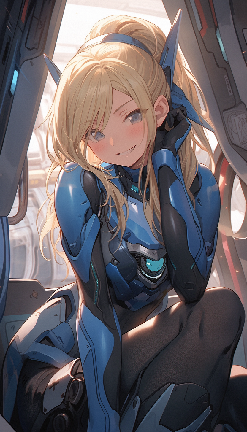 anime girl in battle mech smiling