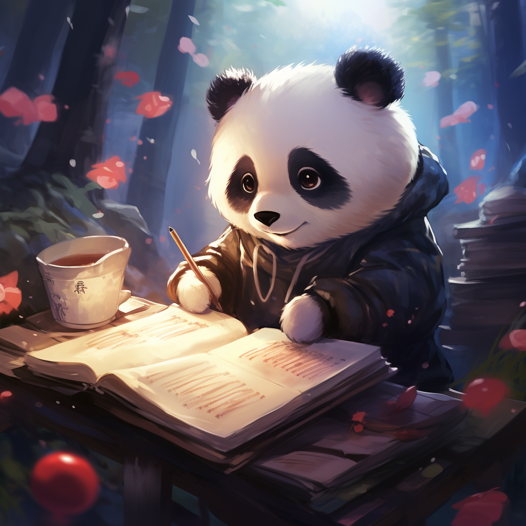 Cute anime panda writing a journal