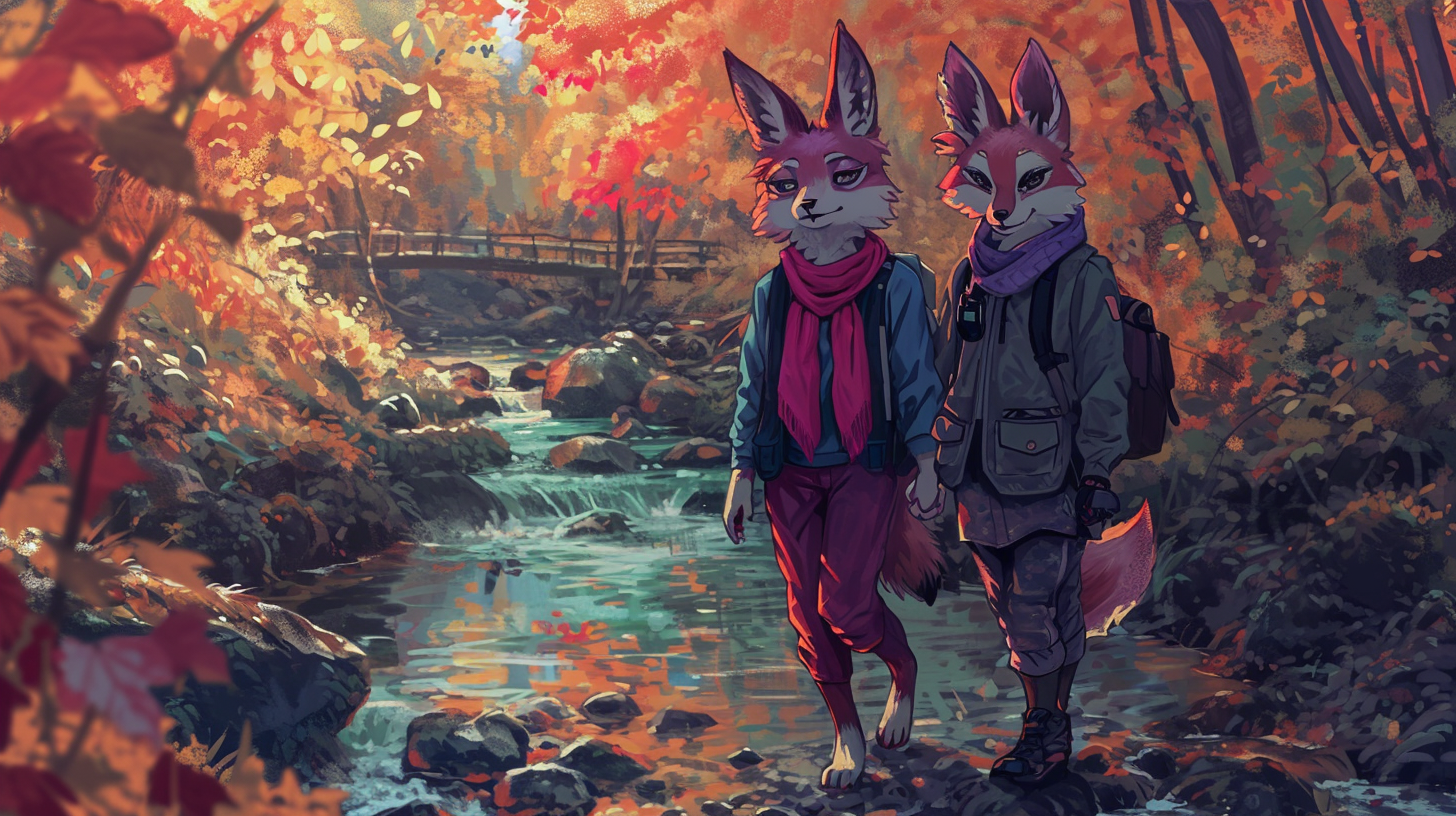 Cute Anthro Female Wolf and Bunny Walking in Forest