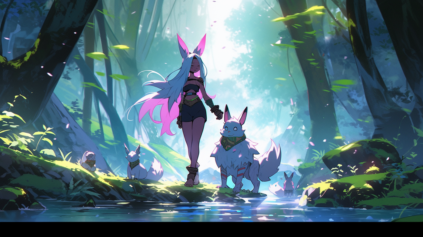 Anthro wolf and bunny in forest