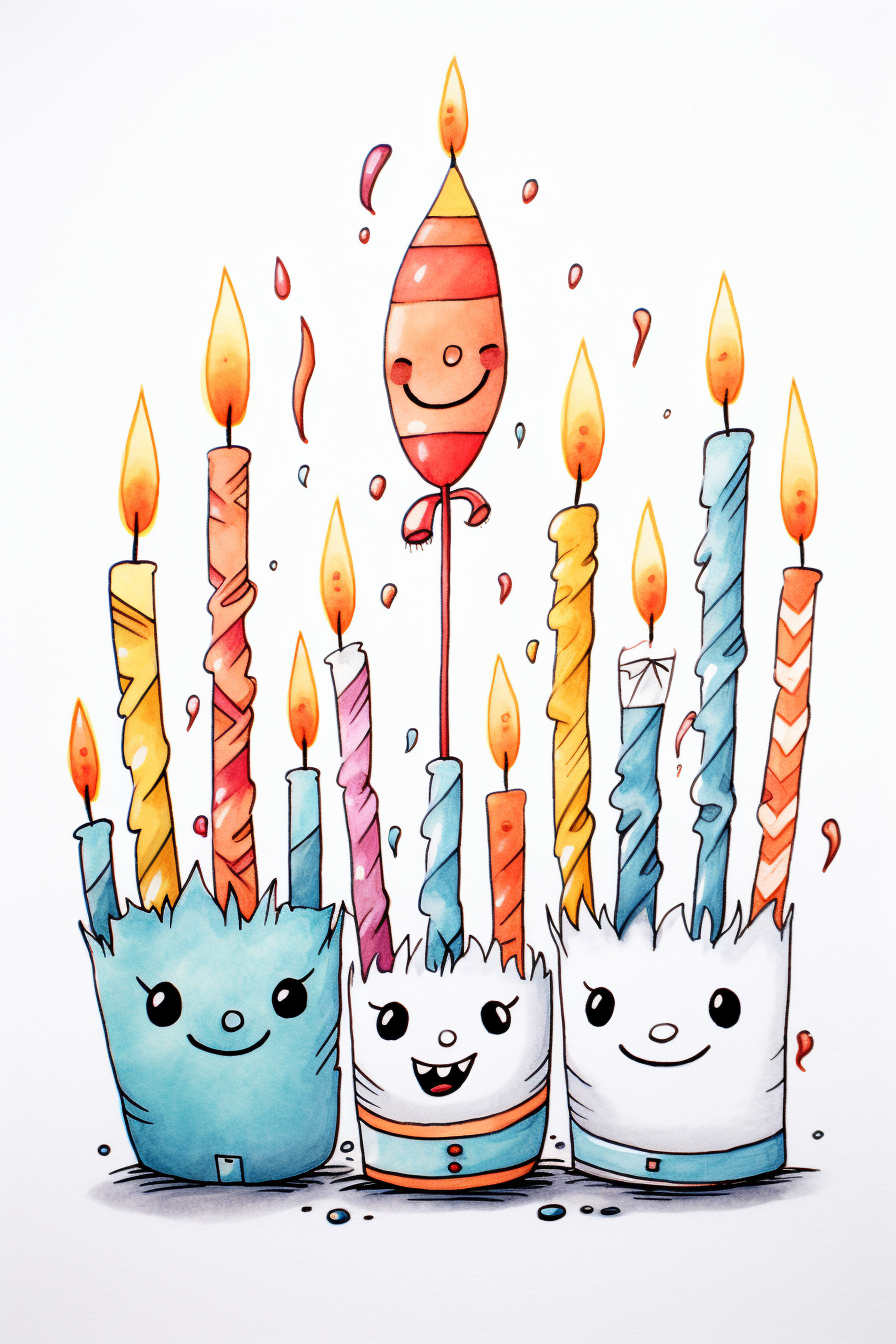 Anthropomorphic birthday candles on colorful white background