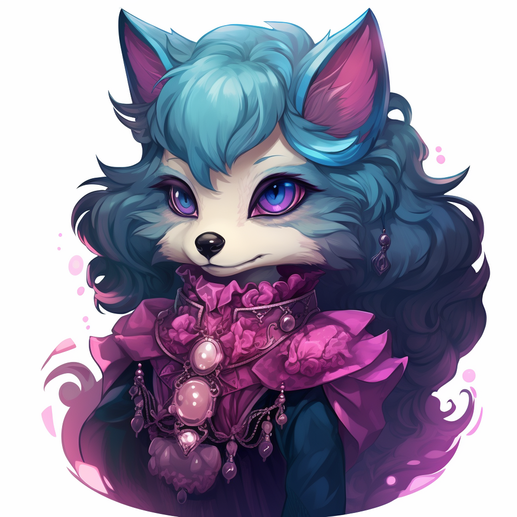 Cute wolf with magenta fur in blue dress