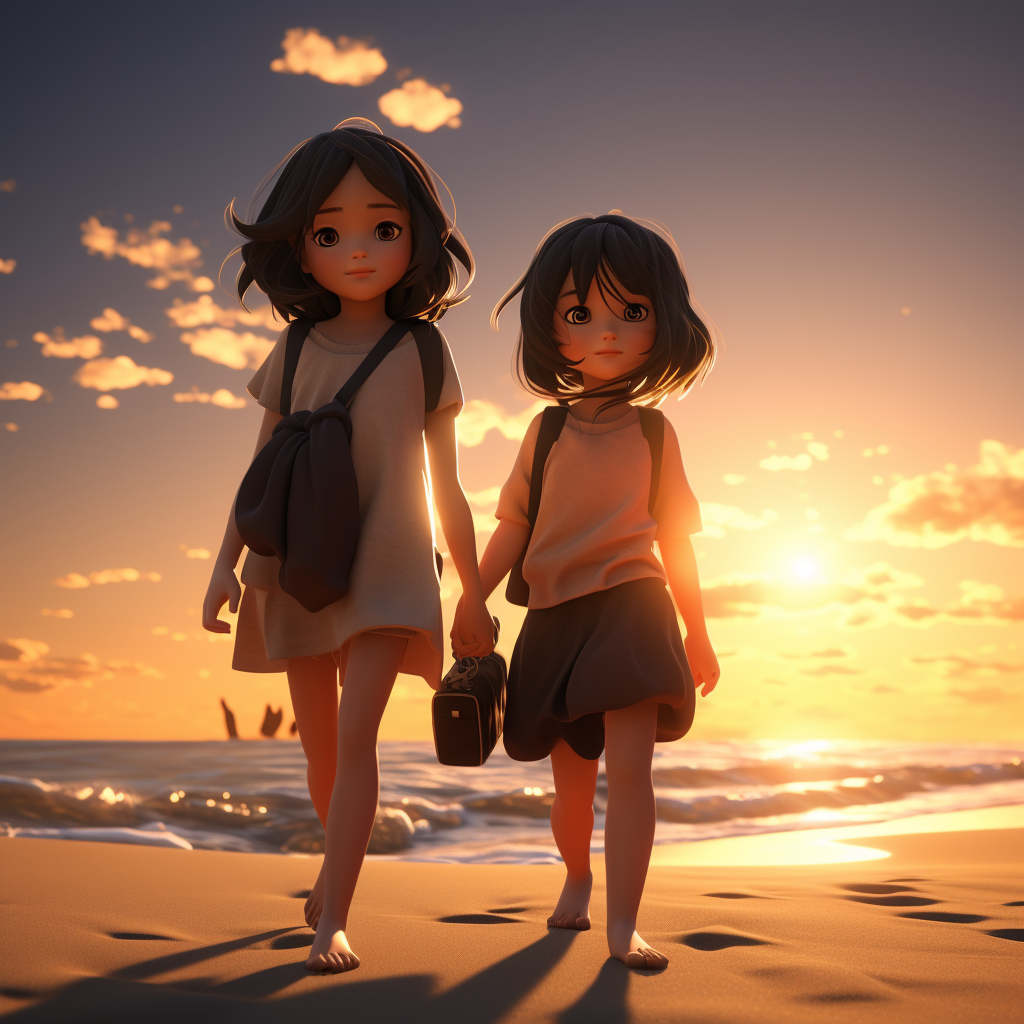 Two cute Asian girls enjoying the beach