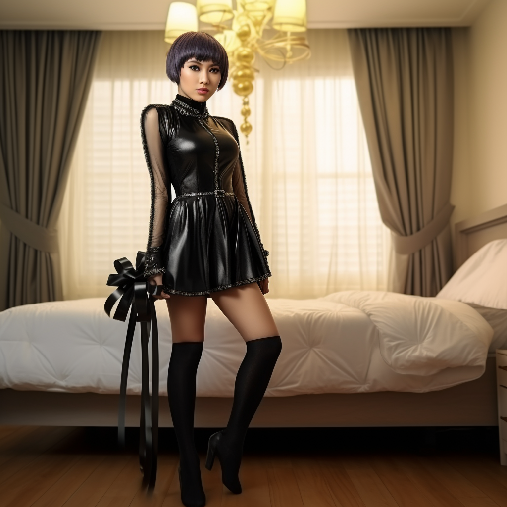 Short-haired Asian woman in black PVC ballet dress