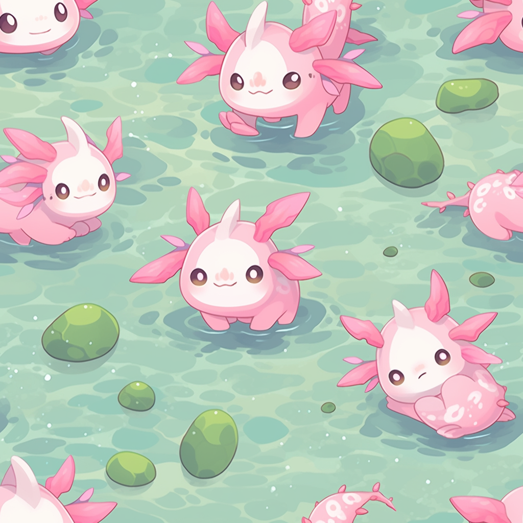 Cute axolotls swimming in Niji tile pattern