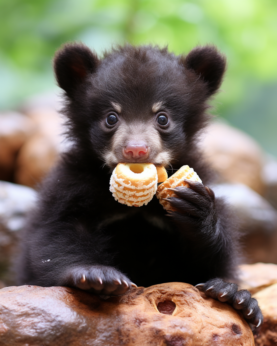 Adorable baby bear enjoying delicious pastries in Kauai jungle