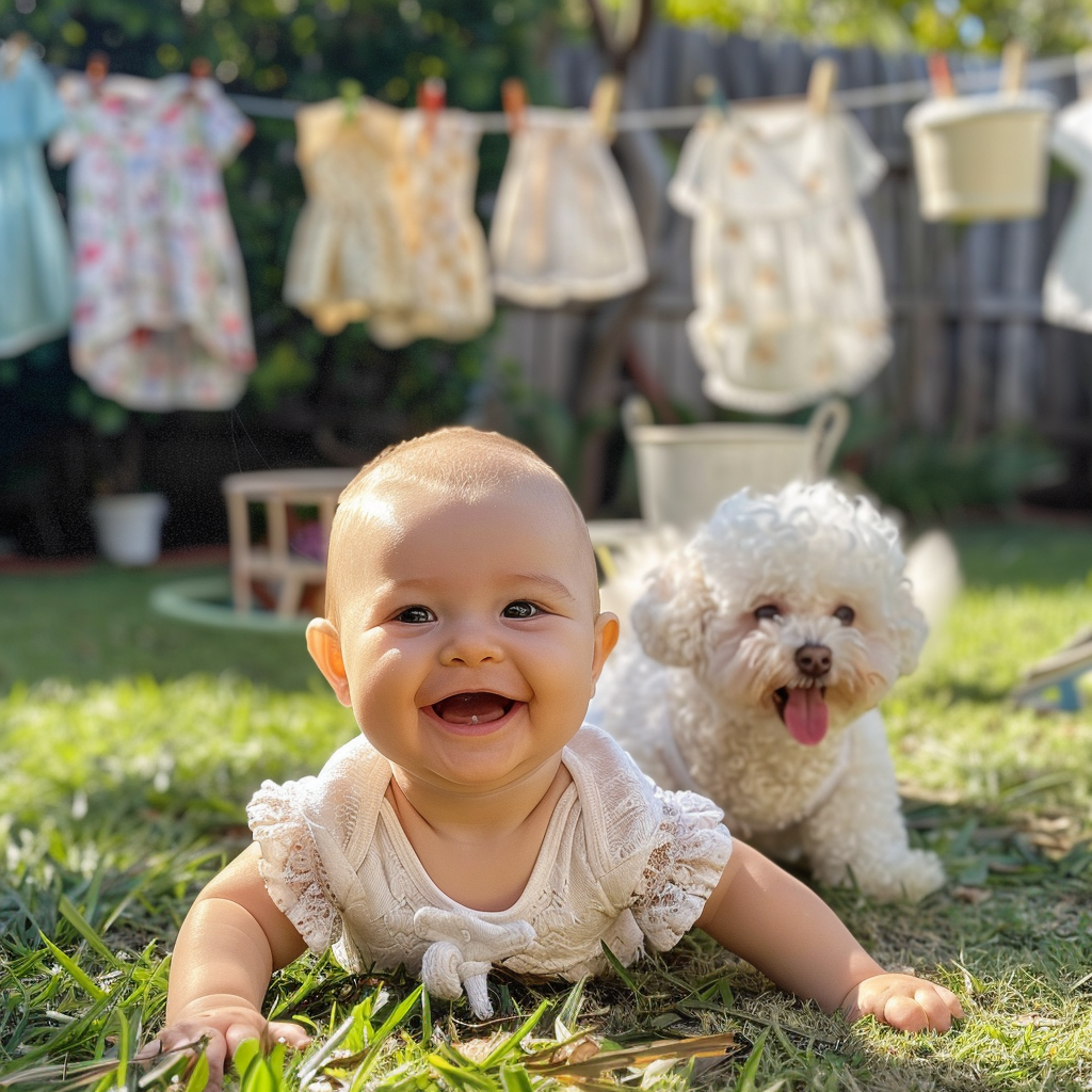 Baby and Bichon Frise Play