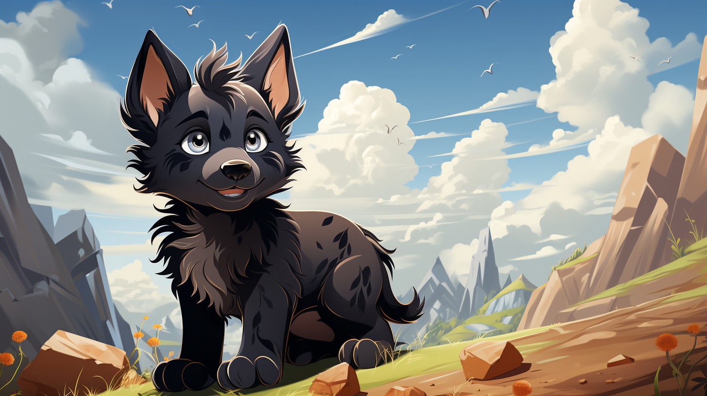 Cute baby cartoon black wolf playing