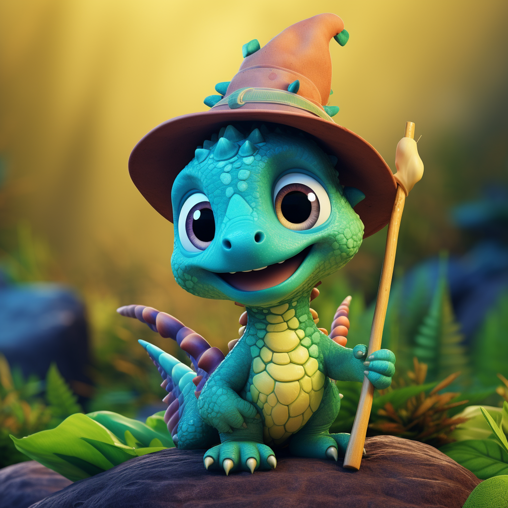 Cute baby dinosaur wizard in magical forest