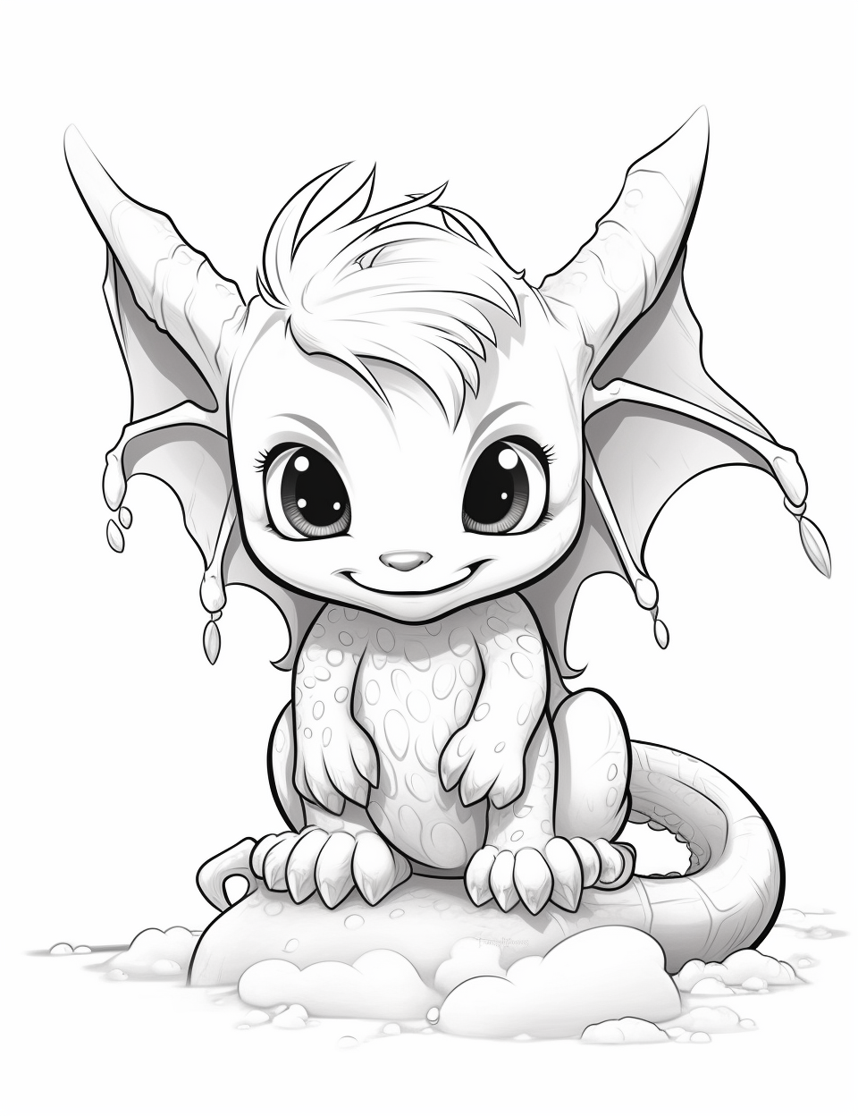 Adorable baby dragon sitting on snow