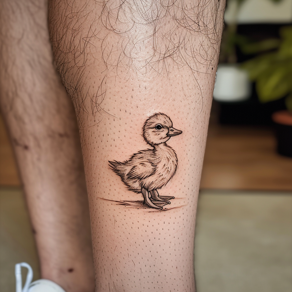 Baby duckling tattoo on man's leg