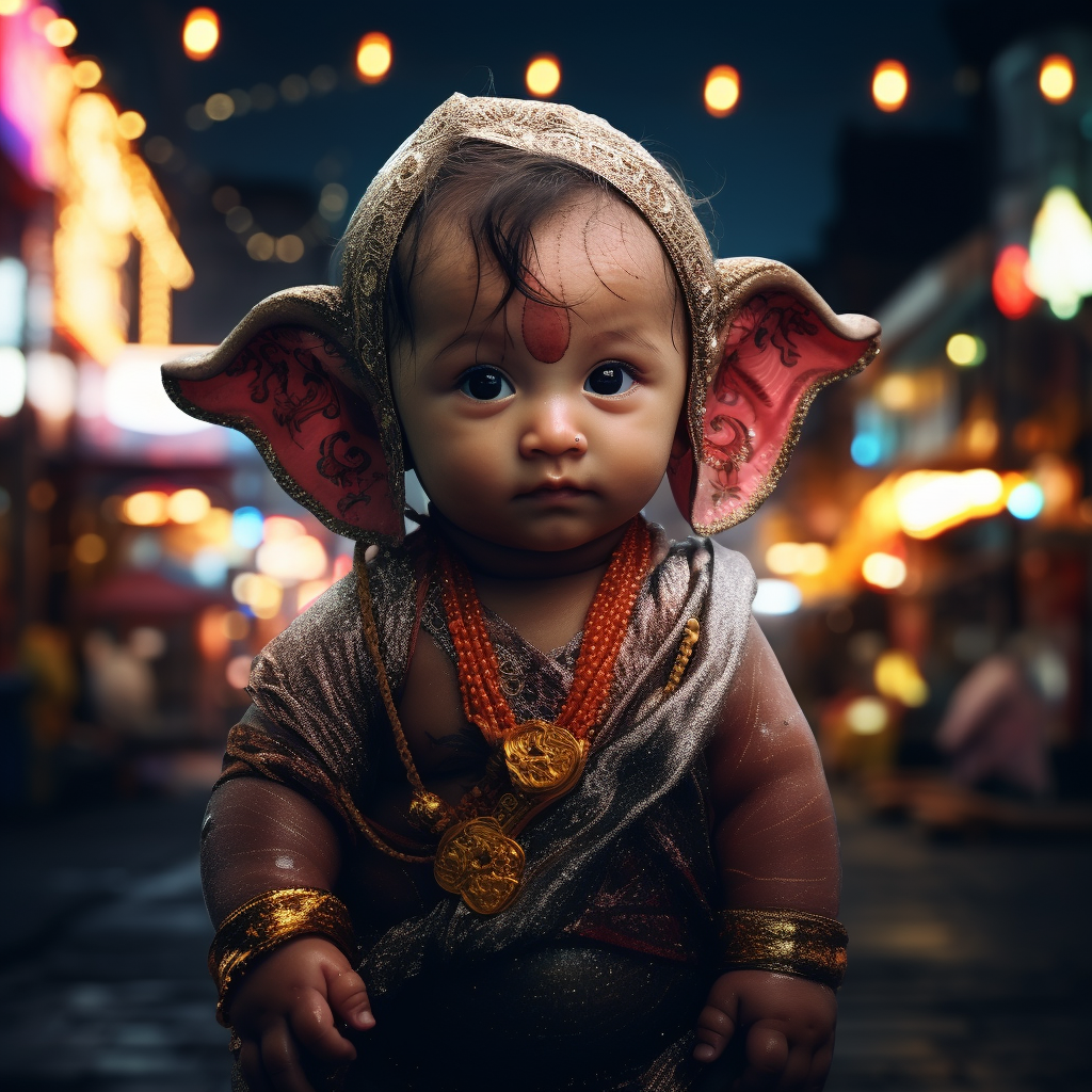 Hyper-realistic close-up portrait of cute baby Ganesha at night