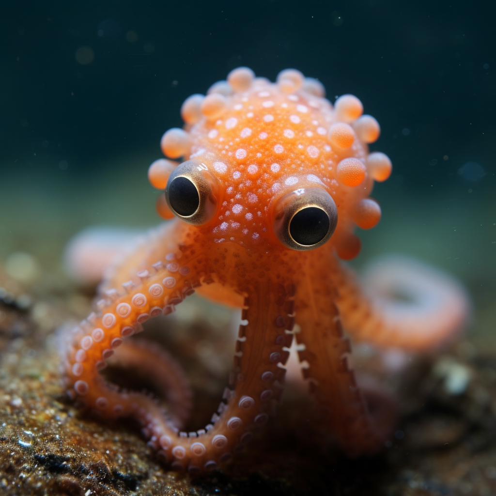 Adorable baby octopus swimming underwater